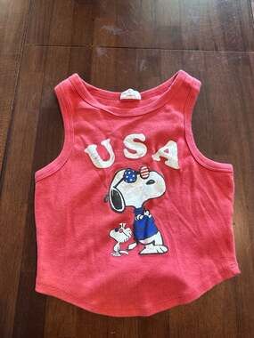 Peanuts Snoopy USA Patriotic Joe Cool Red Graphic Cropped Tank Top